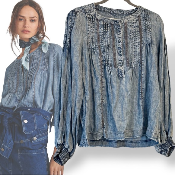 Pilcro and the Letterpress Anthropologie Norah Pintucked Blouse Denim XS Shirt - Picture 3 of 10